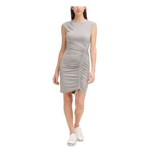 DKNY Womens Gray Tie Asymmetrical Hem Cap Sleeve Crew Neck Mini Body Con Dress M
